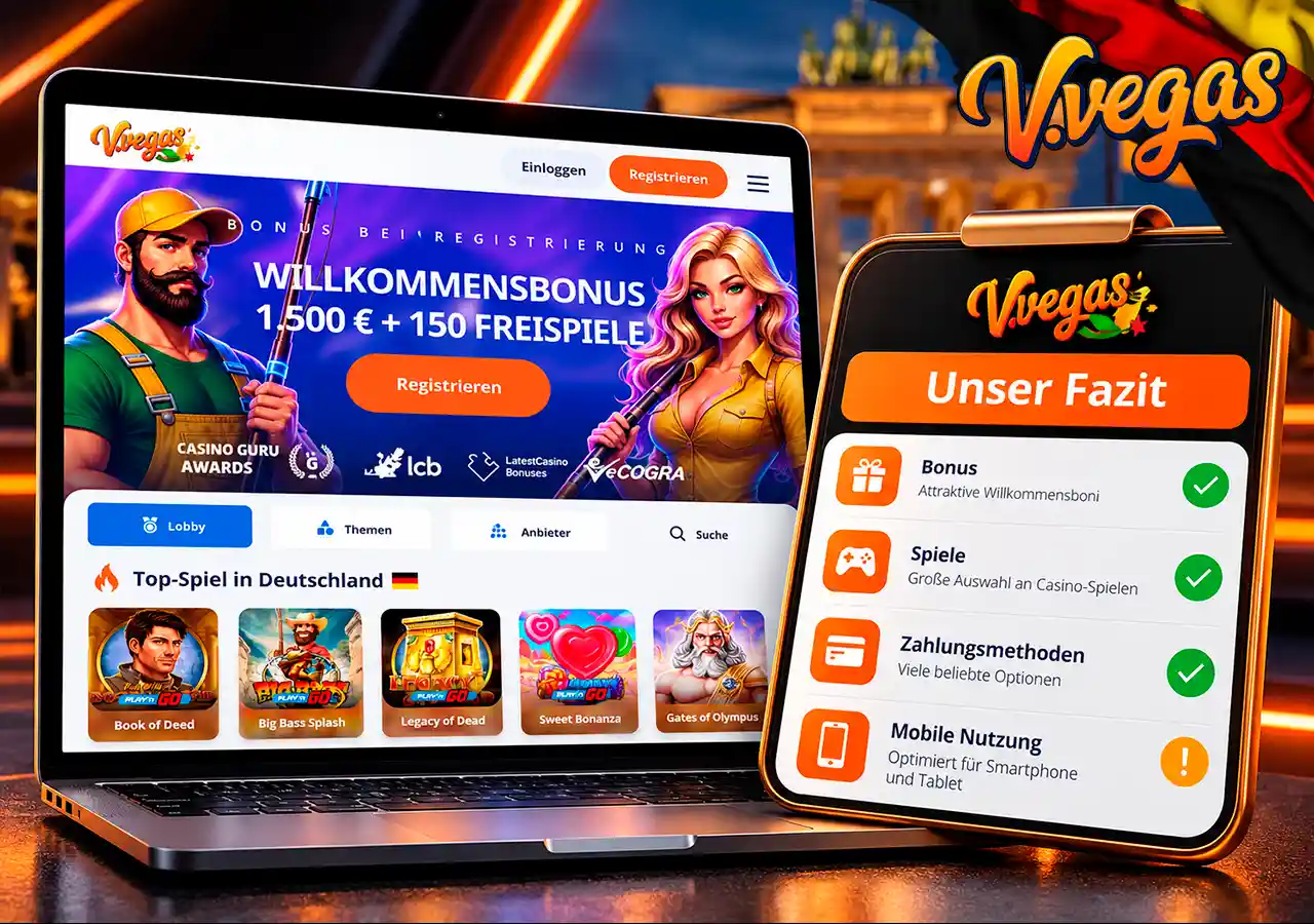 Casino-Website auf Laptop mit kompakter Checkliste zu Bonus, Spielen, Zahlungen und Mobilzugang.