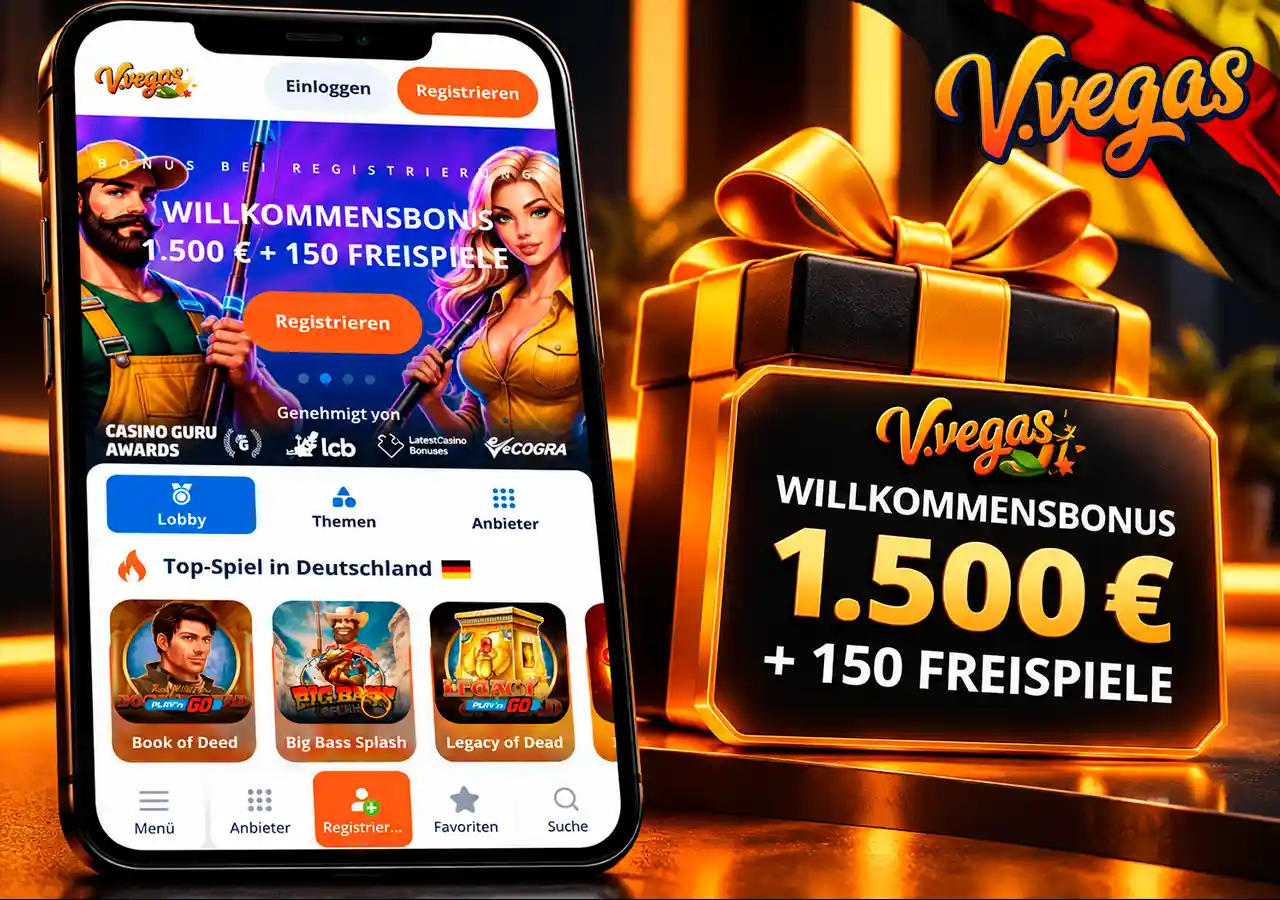 Willkommenspaket auf Mobilgerät mit Geschenkbox, 1.500 € Bonus und 150 Freispielen.