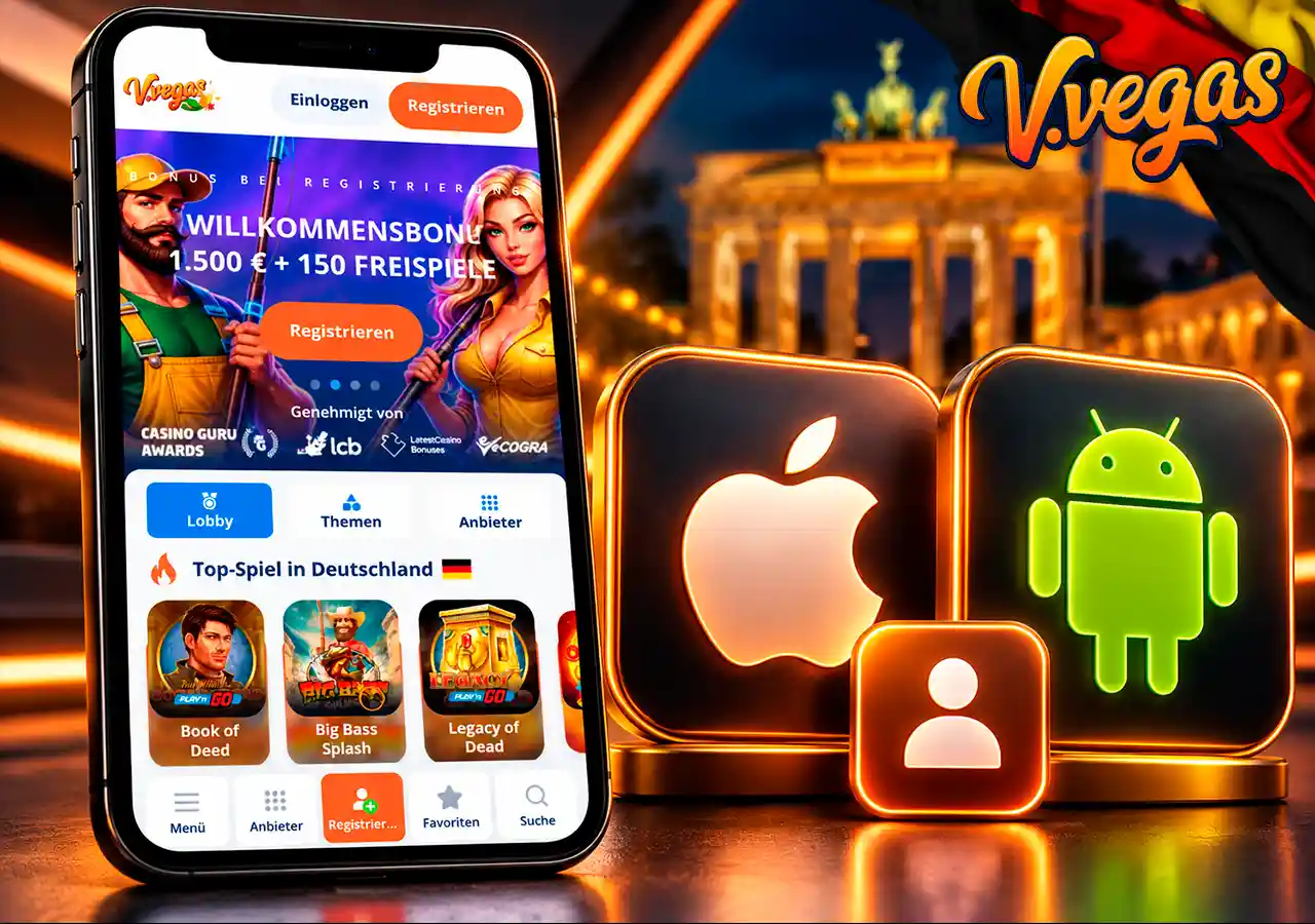Mobiler V.Vegas-Login mit Android- und iOS-Symbolen auf einem Smartphone.